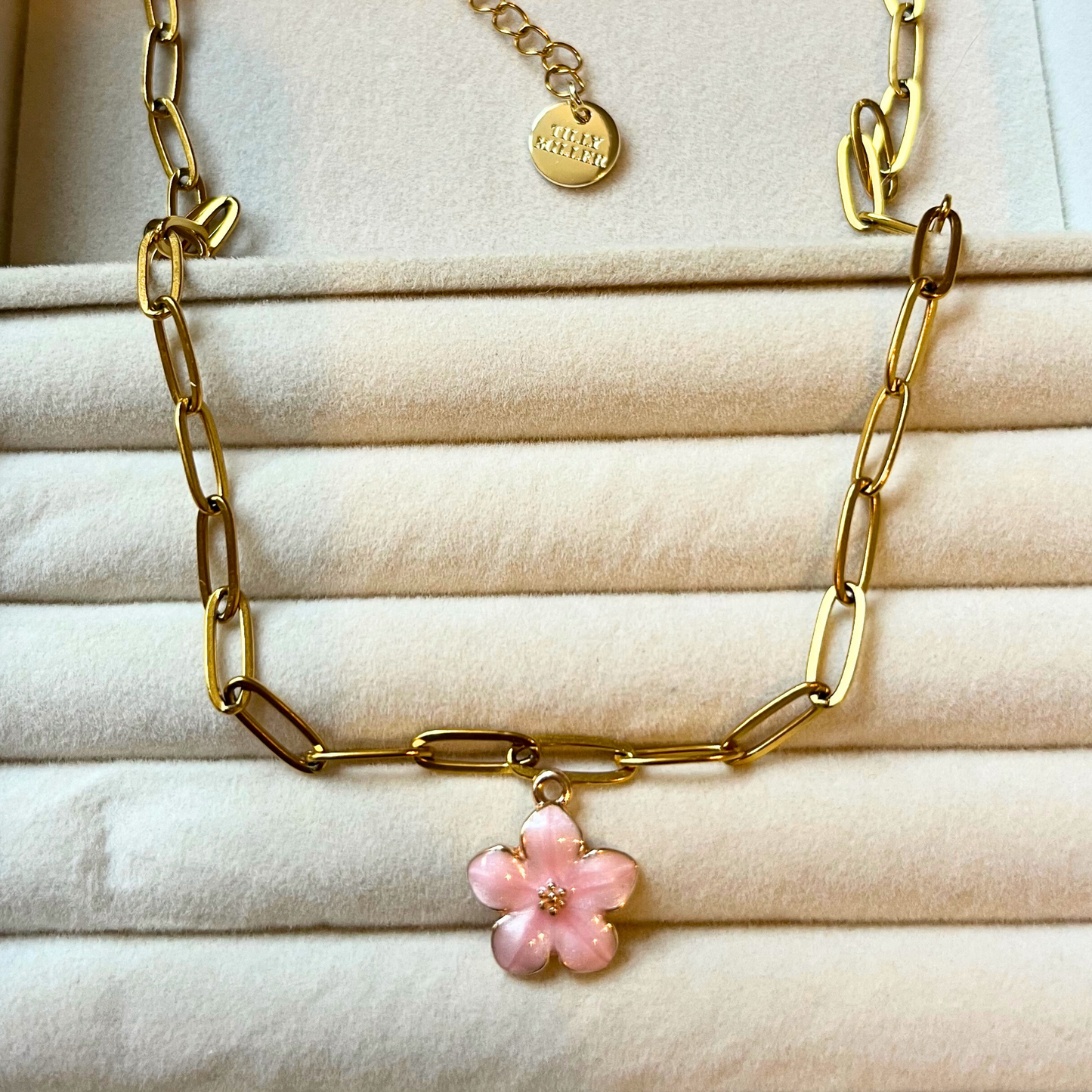 Design your own jewellery, pink flower charm, charm bar, charm necklace, charm bracelet, bespoke jewellery