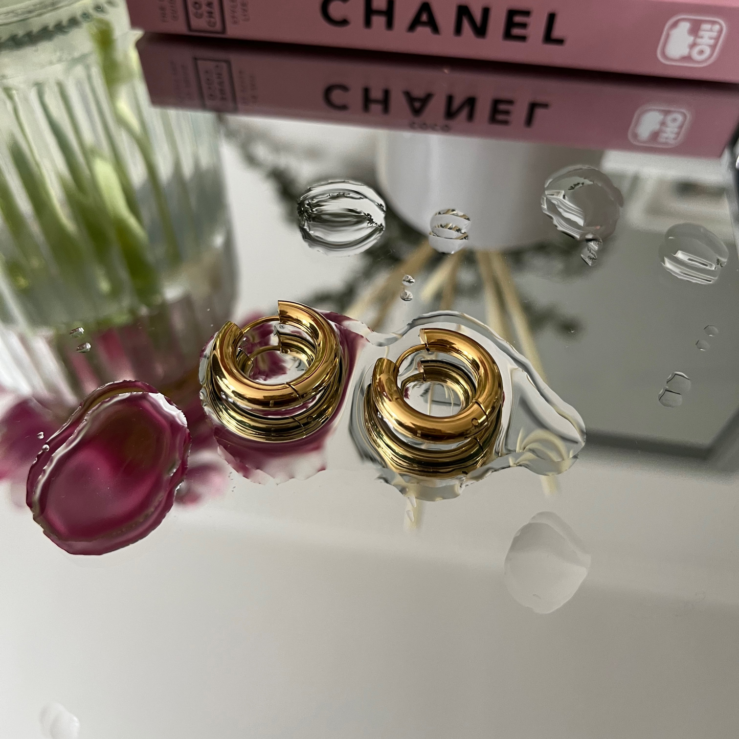 waterproof jewellery, summer earrings, beach-inspired jewellery, huggie hoops, gold hoops