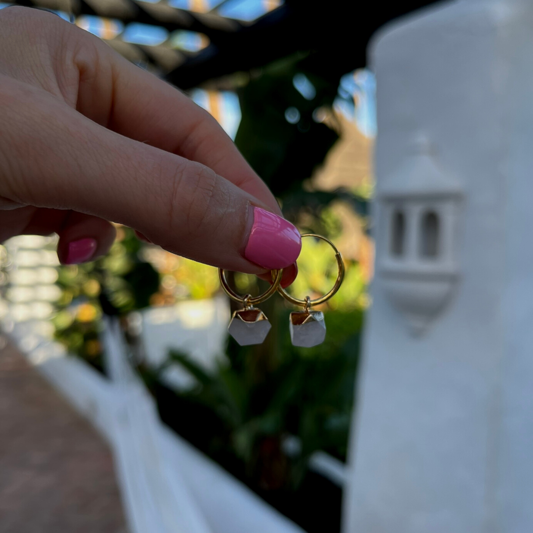 Rose quartz charm gold earrings, natural stone jewellery, charm earrings, dainty earrings