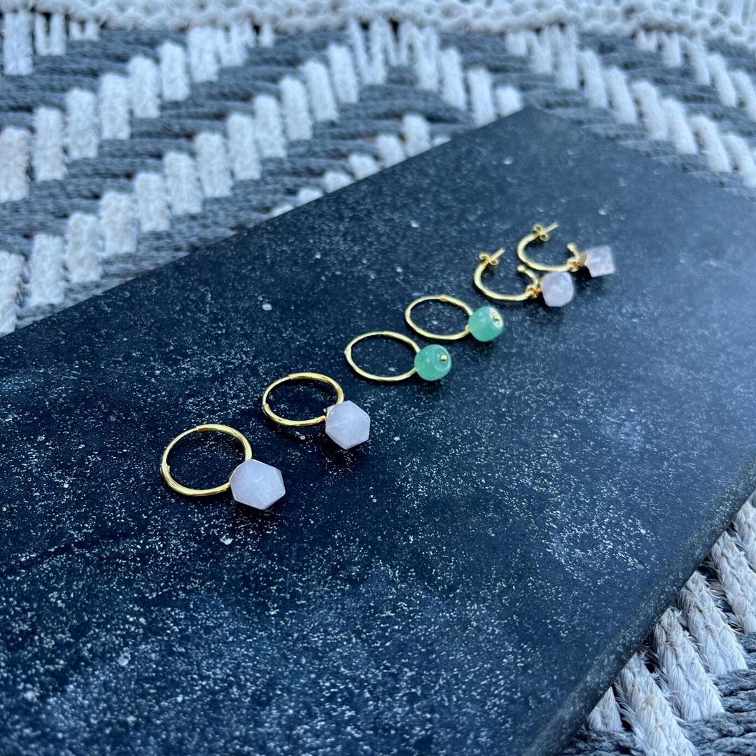 Rose quartz charm stud earrings, natural stone charm, gold vermeil earrings, handmade jewellery